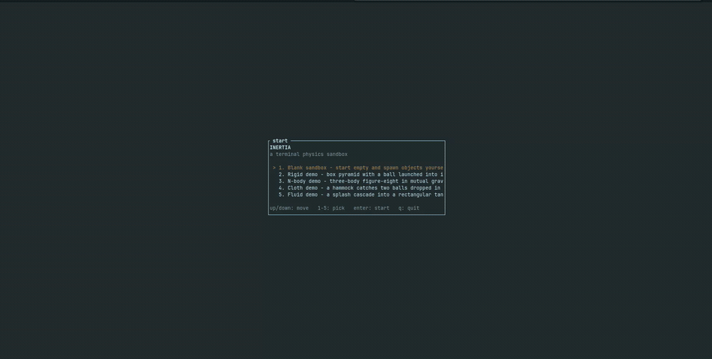 A recording of Inertia in a terminal: picking the rigid body demo from the start menu, then a pyramid of boxes scattering as a ball is launched into it.