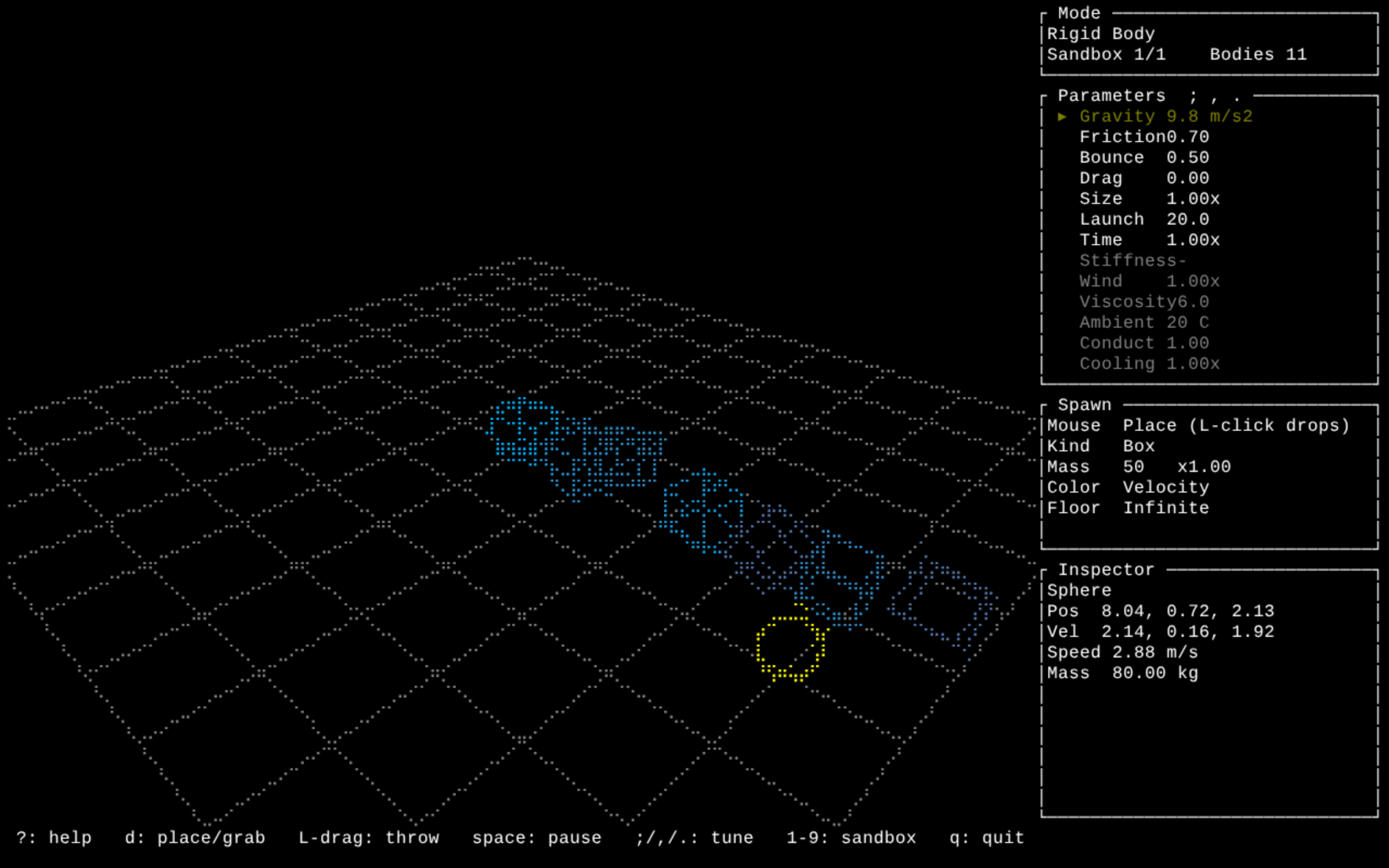 A ball mid-flight through a collapsing pyramid of braille boxes on a grid floor.