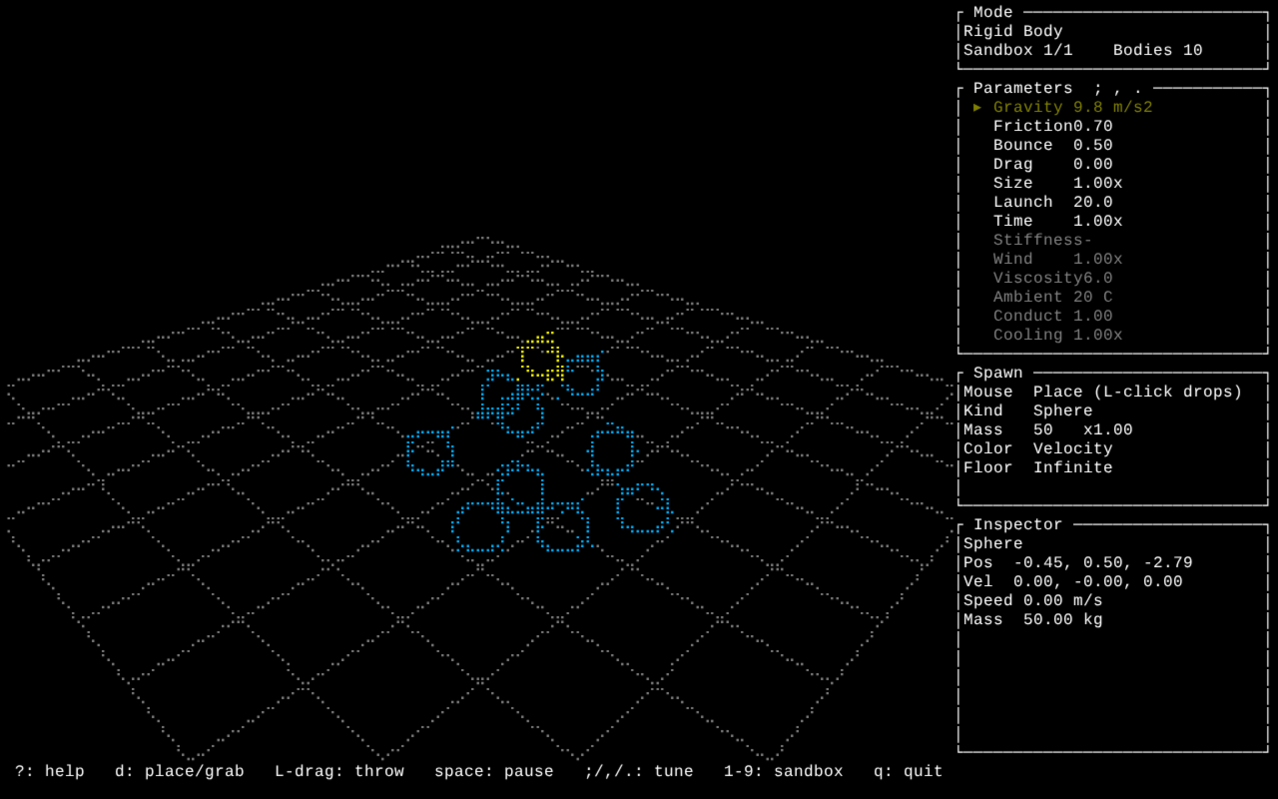 A blank sandbox with ten boxes and spheres dropped onto the grid floor.